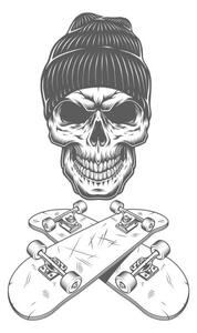Ilustracija Vintage monochrome skateboarder skull, dgim-studio