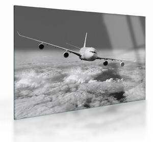 Staklena slika - Avion u oblacima, crno-bijeli (70x50 cm)