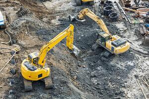 Ilustracija Aerial view of diggers at construction site, Don Mason