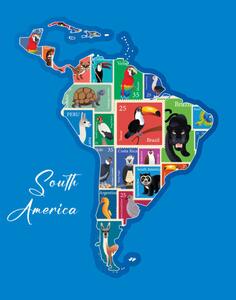 Ilustracija South America Animals Stamp Map, drmakkoy