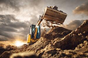 Ilustracija Excavator scooping dirt in front of a dramatic sky, photoschmidt