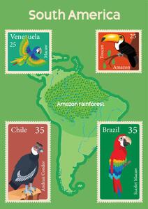 Ilustracija South America Map and Tropical Birds Stamps, drmakkoy