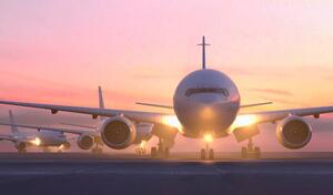 Ilustracija Airplanes taxiing on runway at sunset, Colin Anderson Productions pty ltd