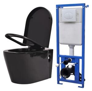VidaXL Zidna toaletna školjka s ugradbenim vodokotlićem keramička crna