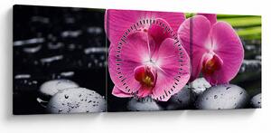 Slika - Ružičaste orhideje s palminim lišćem (sa satom) (90x30 cm)