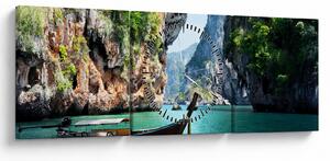 Slika - Vodeni mediteranski krajolik s čamcem (sa satom) (90x30 cm)