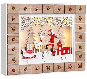 Drveni adventski kalendar SANTA CLAUS s rasvjetom, 35x6x27 cm, bijela/smeđa Spielwerk