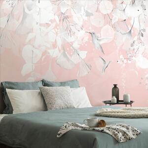 Tapeta listovi s kolibrijima u ružičasto-sivoj boji