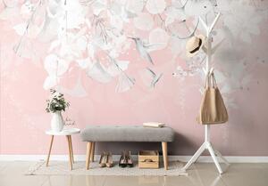Samoljepljiva tapeta listovi s kolibrijima u ružičasto-sivoj boji