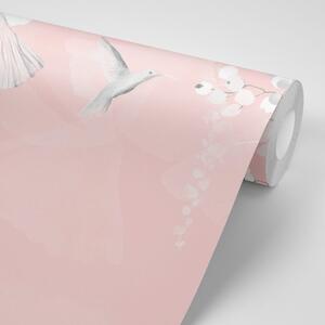 Tapeta listovi s kolibrijima u ružičasto-sivoj boji
