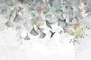 Samoljepljiva tapeta listovi s kolibrijima u sivo-zelenoj boji