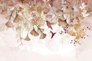 Tapeta listovi s kolibrijima u smeđe-ružičastoj boji