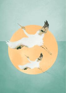 Ilustracija Mint Green Sun, Aureous Cranes