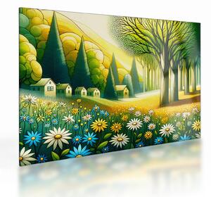 Staklena slika - Selo u žuto-zelenoj boji (70x50 cm)