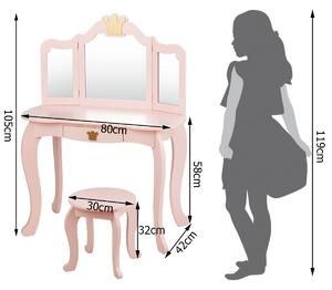 2 u1 dječji toaletni stolić i tabure, trostruko ogledalo, ružičasto