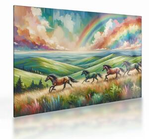 Staklena slika – Konji koji galopiraju kroz krajolik (70x50 cm)