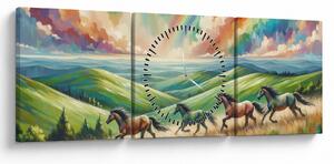 Slika – Konji koji galopiraju kroz krajolik (sa satom) (90x30 cm)