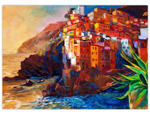 Slika - Vas na obali Cinque Terre, italijanska riviera, moderni impresionizem (70x50 cm)