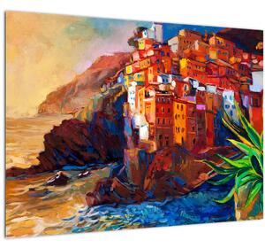 Slika - Vas na obali Cinque Terre, italijanska riviera, moderni impresionizem (70x50 cm)