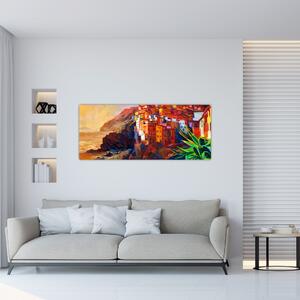 Slika - Vas na obali Cinque Terre, italijanska riviera, moderni impresionizem (120x50 cm)