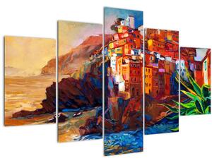 Slika - Vas na obali Cinque Terre, italijanska riviera, moderni impresionizem (150x105 cm)