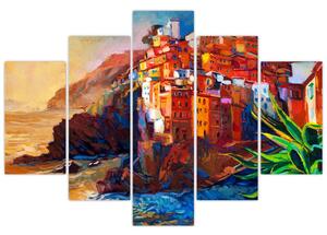 Slika - Vas na obali Cinque Terre, italijanska riviera, moderni impresionizem (150x105 cm)