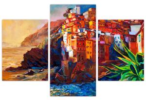 Slika - Vas na obali Cinque Terre, italijanska riviera, moderni impresionizem (90x60 cm)