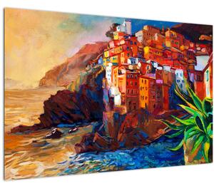 Slika - Vas na obali Cinque Terre, italijanska riviera, moderni impresionizem (90x60 cm)