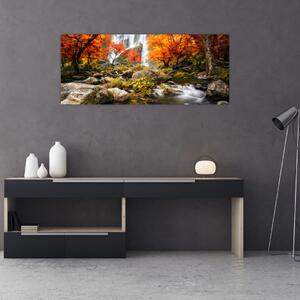 Slika - Slapovi v oranžnem gozdu (120x50 cm)
