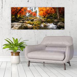 Slika - Slapovi v oranžnem gozdu (120x50 cm)