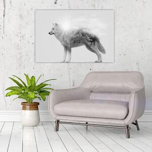 Slika - Arktični volk zrcali divjo pokrajino, črno-belo (90x60 cm)