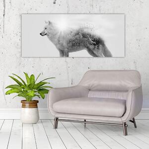 Slika - Arktični volk zrcali divjo pokrajino, črno-belo (120x50 cm)