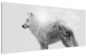 Slika - Arktični volk zrcali divjo pokrajino, črno-belo (120x50 cm)