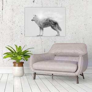 Slika - Arktični volk zrcali divjo pokrajino, črno-belo (70x50 cm)