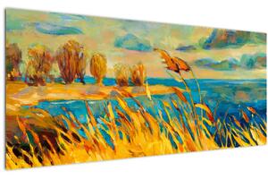 Slika - Sončni zahod nad jezerom, akrilna slika (120x50 cm)