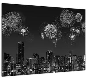 Staklena slika - Ognjemet v Miamiju, črno-bela (70x50 cm)