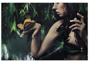Slika graciozne ženske z metuljem (90x60 cm)