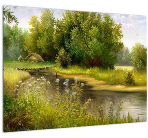 Slika - Reka ob gozdu, oljna slika (70x50 cm)