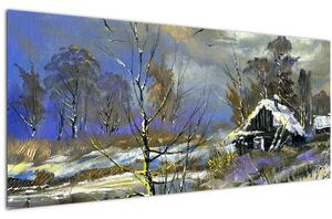 Slika koče v zimski pokrajini, oljna slika (120x50 cm)