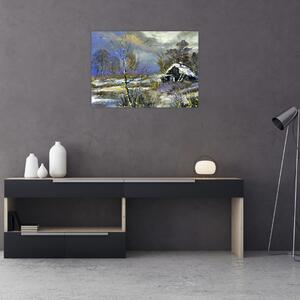 Slika koče v zimski pokrajini, oljna slika (70x50 cm)