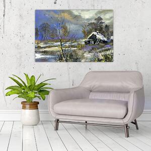 Slika koče v zimski pokrajini, oljna slika (90x60 cm)