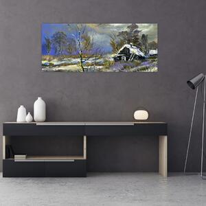 Slika koče v zimski pokrajini, oljna slika (120x50 cm)