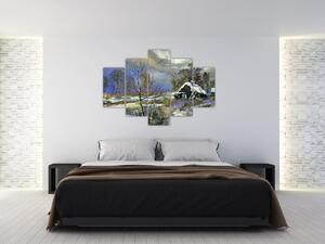 Slika koče v zimski pokrajini, oljna slika (150x105 cm)
