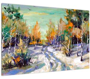 Slika - Zasnežena pot skozi gozd, oljna slika (90x60 cm)