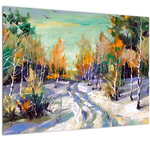 Slika - Zasnežena pot skozi gozd, oljna slika (70x50 cm)