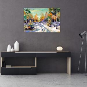 Slika - Zasnežena pot skozi gozd, oljna slika (90x60 cm)
