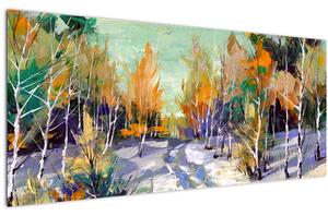 Slika - Zasnežena pot skozi gozd, oljna slika (120x50 cm)