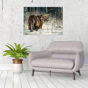 Slika - Tiger v zasneženem gozdu, oljna slika (70x50 cm)