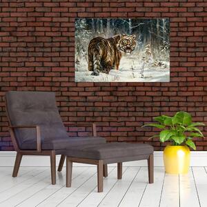 Slika - Tiger v zasneženem gozdu, oljna slika (90x60 cm)