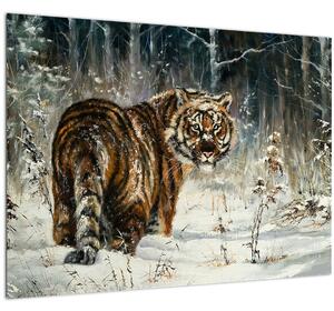 Slika - Tiger v zasneženem gozdu, oljna slika (70x50 cm)